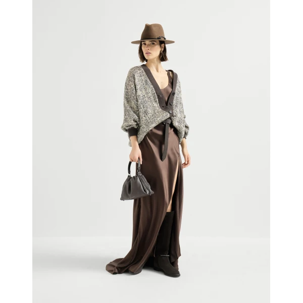 Brunello Cucinelli Satin long dress in Pine Cone Brown, view 6 | Maxi Dresses | Coveti
