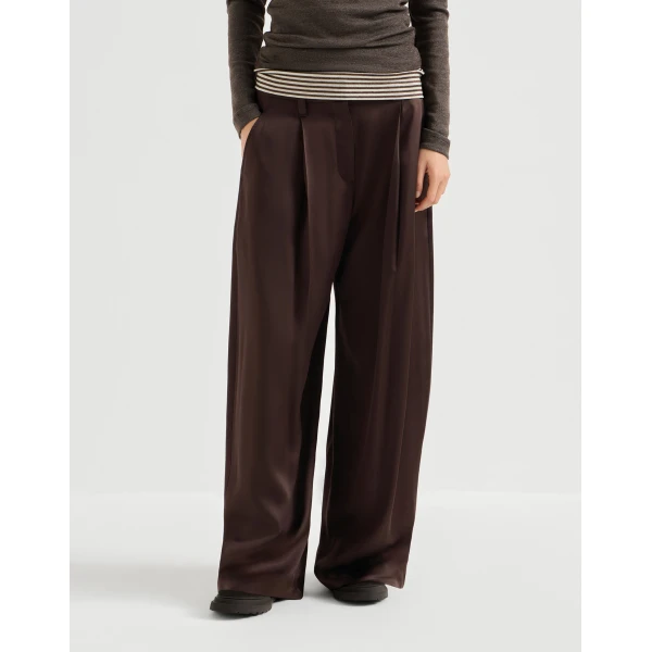 Brunello Cucinelli Satin pleated barrel trousers in Coffee, view 2 | Pants | Coveti