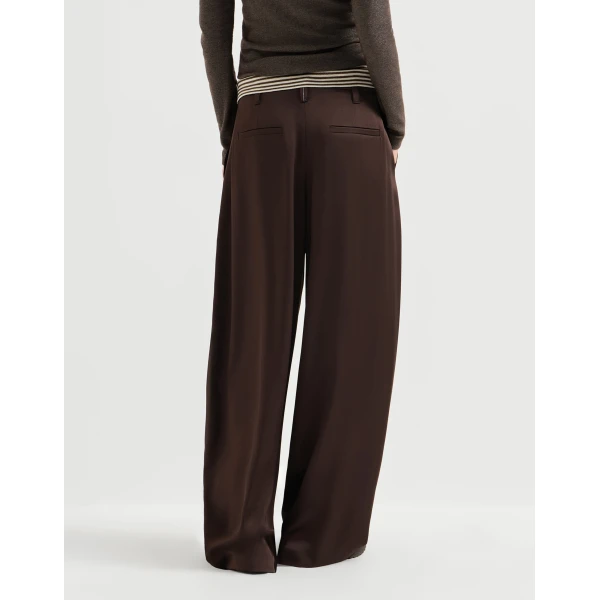 Brunello Cucinelli Satin pleated barrel trousers in Coffee, view 3 | Pants | Coveti