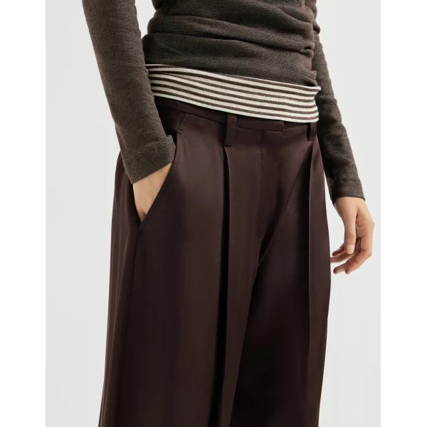 Brunello Cucinelli Satin pleated barrel trousers in Coffee, view 4 | Pants | Coveti