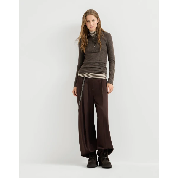 Brunello Cucinelli Satin pleated barrel trousers in Coffee, view 5 | Pants | Coveti