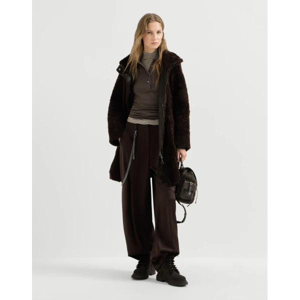Brunello Cucinelli Satin pleated barrel trousers in Coffee, view 6 | Pants | Coveti
