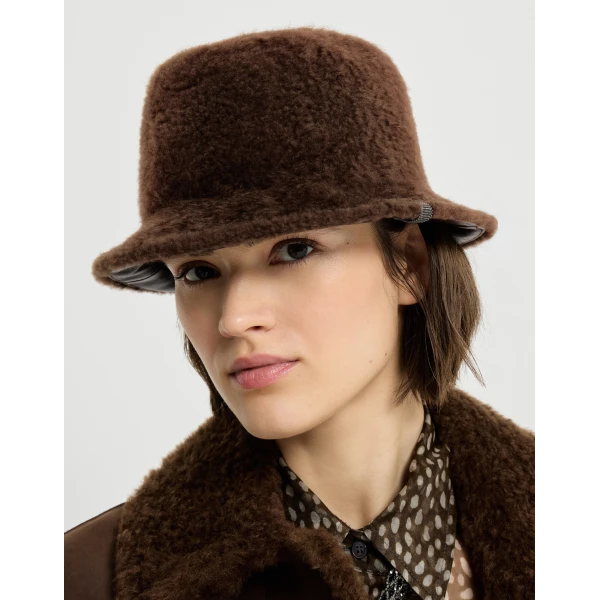 Brunello Cucinelli Shearling bucket hat in Brown Gianduia, view 3 | Hats | Coveti