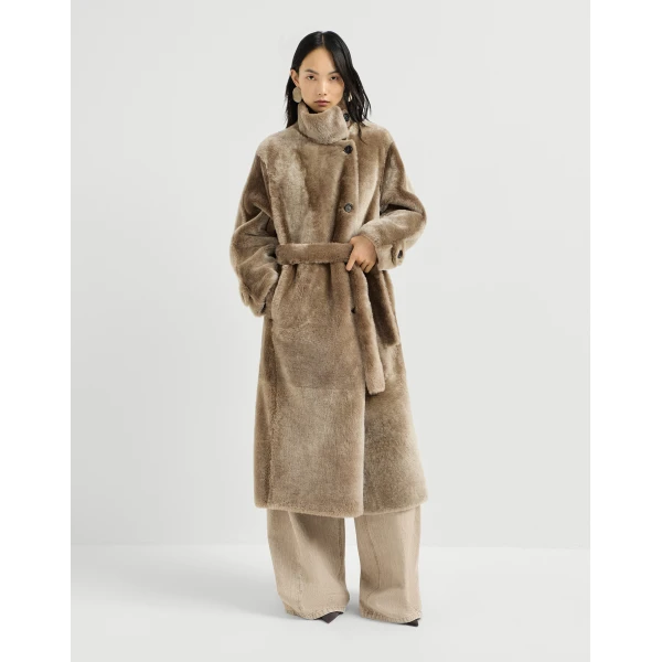 Shearling coat with belt in Light Brown - Image 2
