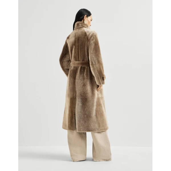 Shearling coat with belt in Light Brown - Image 3