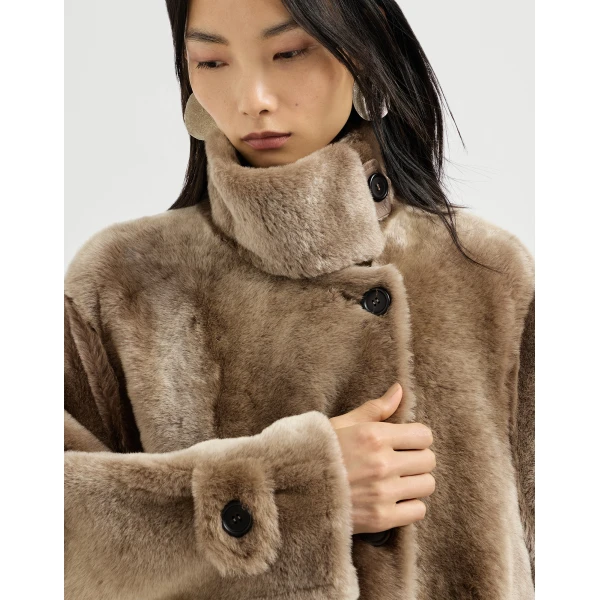 Shearling coat with belt in Light Brown - Image 4