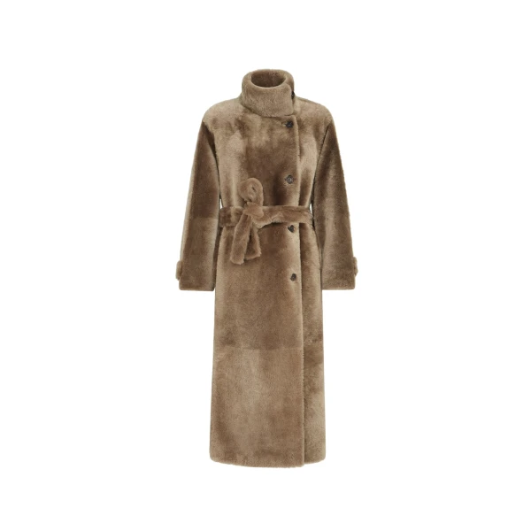 Shearling coat with belt in Light Brown
