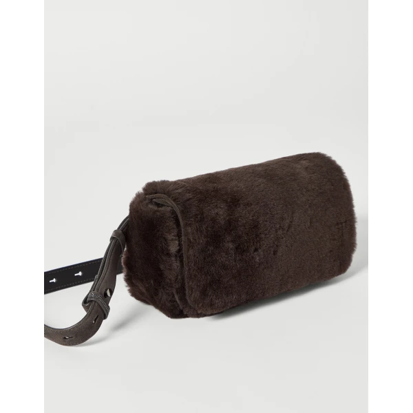 Brunello Cucinelli Shearling explorer small belted bag in Brown, view 3 | Belt Bags | Coveti