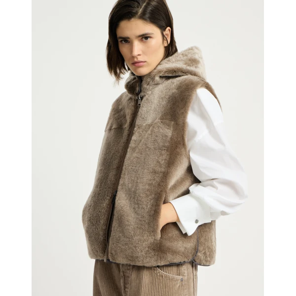 Brunello Cucinelli Shearling reversible vest in Light Brown, view 5 | Vests | Coveti