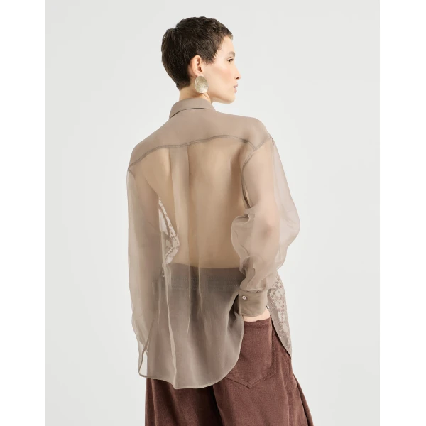 Brunello Cucinelli Shirt with dazzling windowpane embroidery in Light Brown