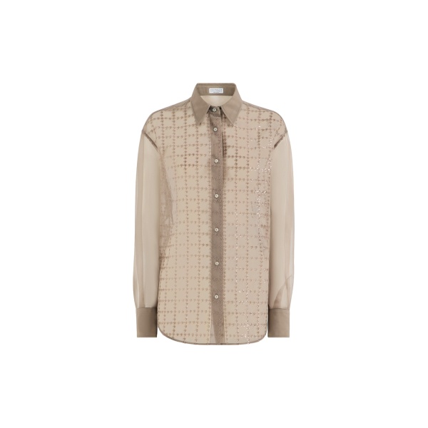 Brunello Cucinelli Shirt with dazzling windowpane embroidery in Light Brown