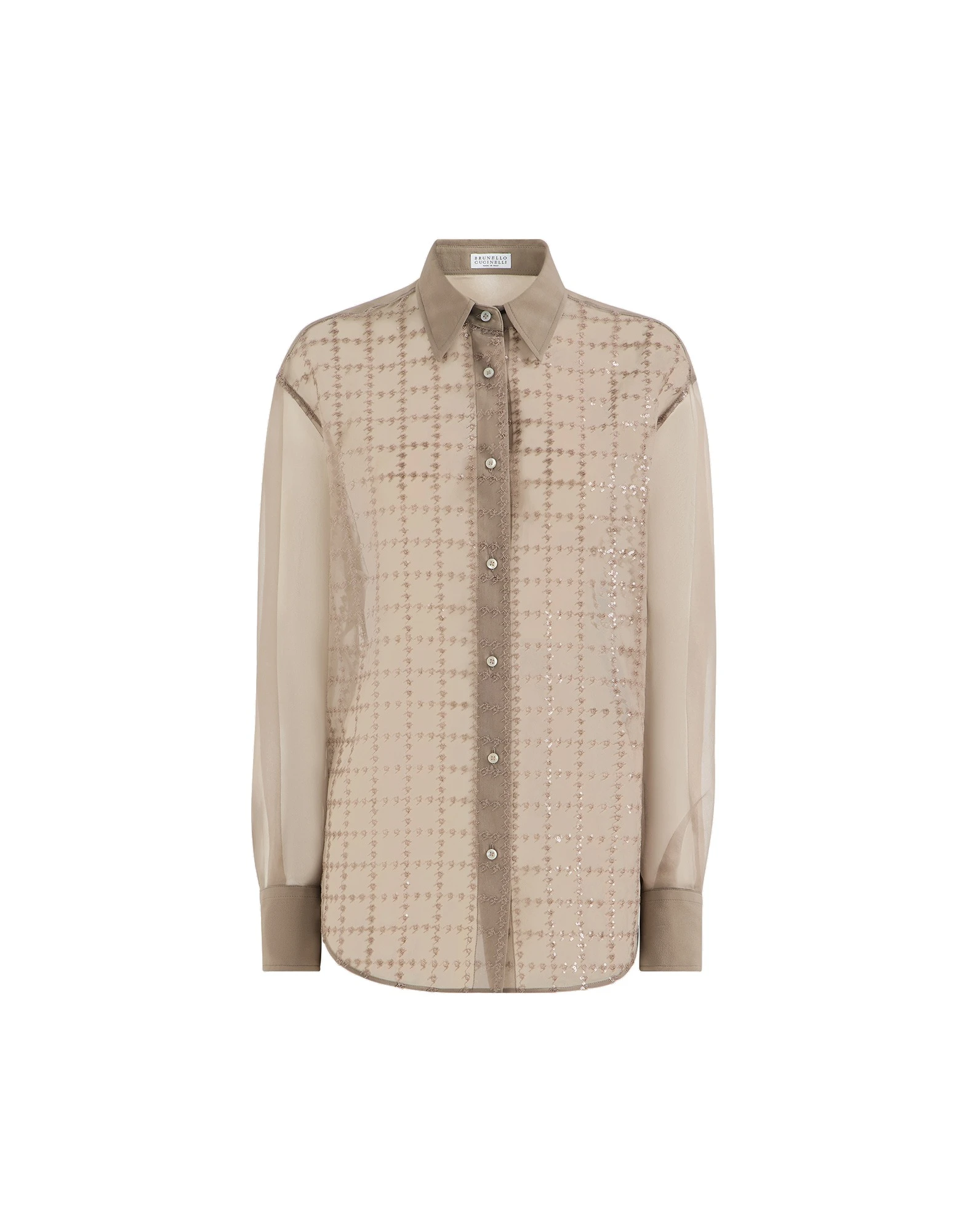 Brunello Cucinelli Shirt with dazzling windowpane embroidery in Light Brown | Buy Tops at Coveti Brunello Cucinelli Shirt with dazzling windowpane embroidery in Light Brown