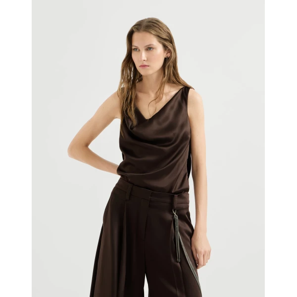 Brunello Cucinelli Silk satin top in Coffee, view 2 | Tops | Coveti
