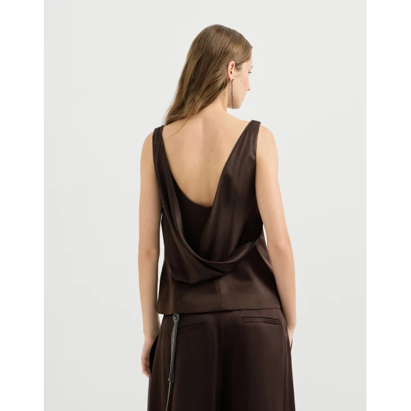 Brunello Cucinelli Silk satin top in Coffee, view 3 | Tops | Coveti