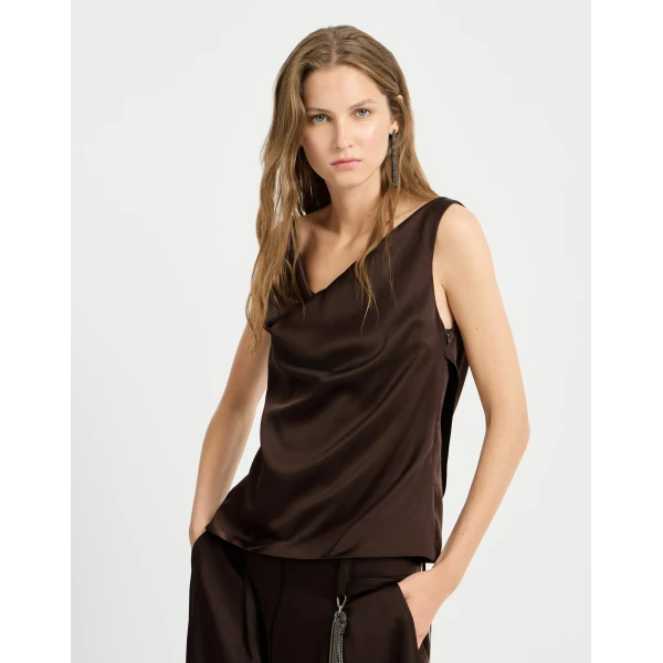 Brunello Cucinelli Silk satin top in Coffee, view 5 | Tops | Coveti