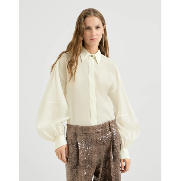Brunello Cucinelli Silk sparkling pinstripe shirt in White, view 2 | Shirts | Coveti