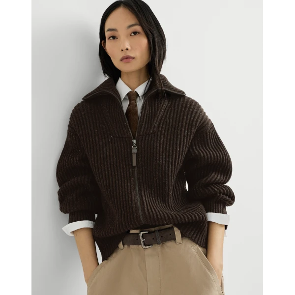 Brunello Cucinelli Sparkling & Dazzling ribbed cardigan in Coffee