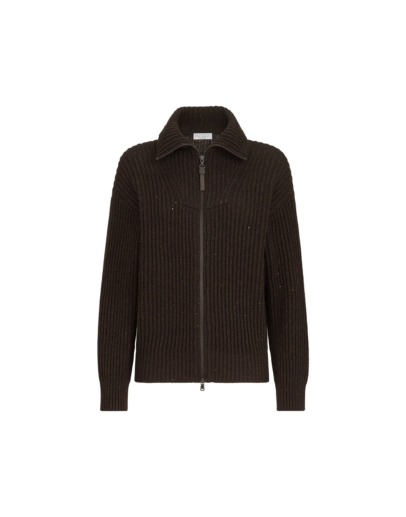 Brunello Cucinelli Sparkling & Dazzling ribbed cardigan in Coffee | Buy Knitwear at Coveti Brunello Cucinelli Sparkling & Dazzling ribbed cardigan in Coffee