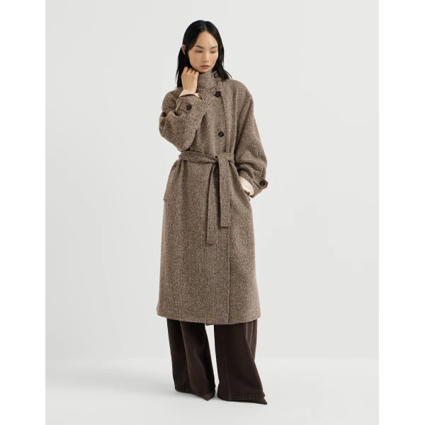 Brunello Cucinelli Sparkling chevron coat with belt in Light Brown