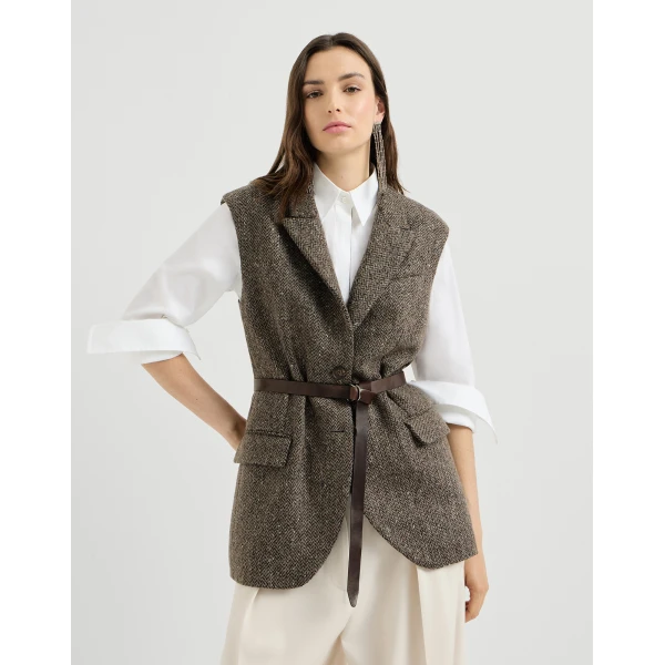 Brunello Cucinelli Sparkling chevron vest with belt in Pine Cone Brown