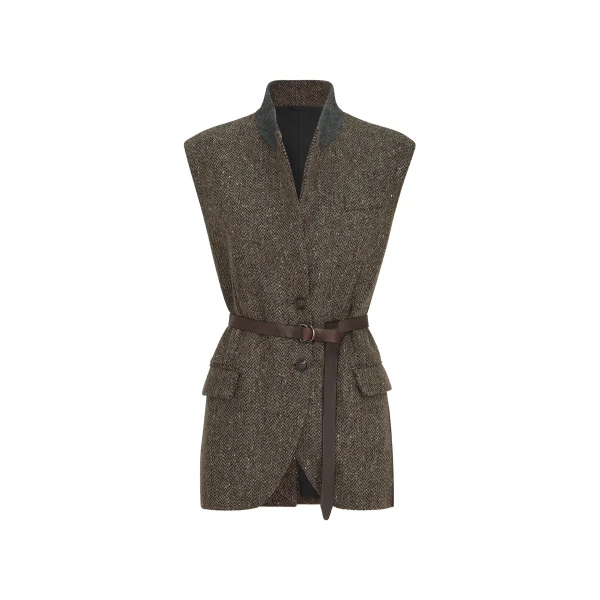 Sparkling chevron vest with belt in Pine Cone Brown