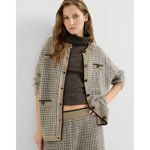 Brunello Cucinelli Sparkling houndstooth cardigan in Light Brown, view 2 | Cardigan | Coveti