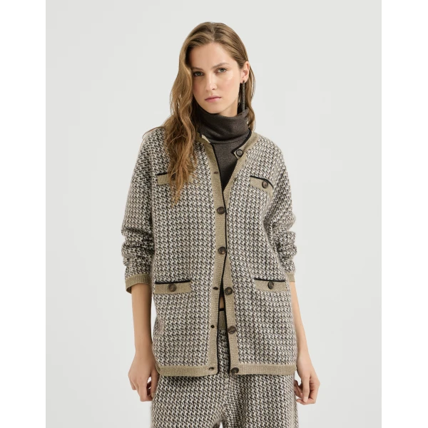 Brunello Cucinelli Sparkling houndstooth cardigan in Light Brown, view 3 | Cardigan | Coveti
