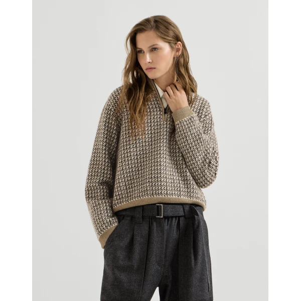 Brunello Cucinelli Sparkling houndstooth half-zip sweater in Light Brown, view 2 | Sweaters | Coveti