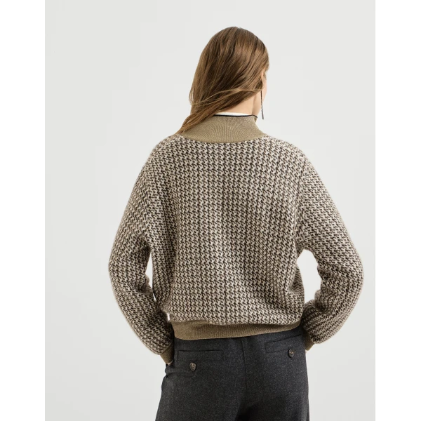 Brunello Cucinelli Sparkling houndstooth half-zip sweater in Light Brown, view 3 | Sweaters | Coveti