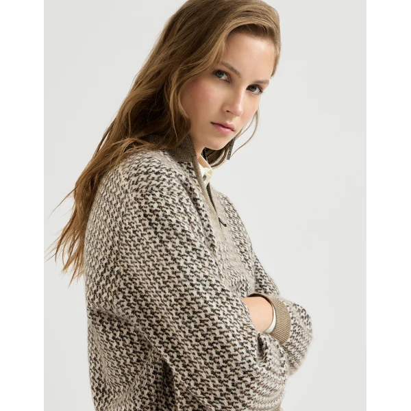 Brunello Cucinelli Sparkling houndstooth half-zip sweater in Light Brown, view 4 | Sweaters | Coveti