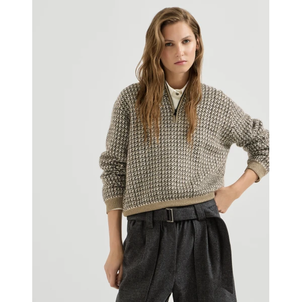 Brunello Cucinelli Sparkling houndstooth half-zip sweater in Light Brown, view 5 | Sweaters | Coveti
