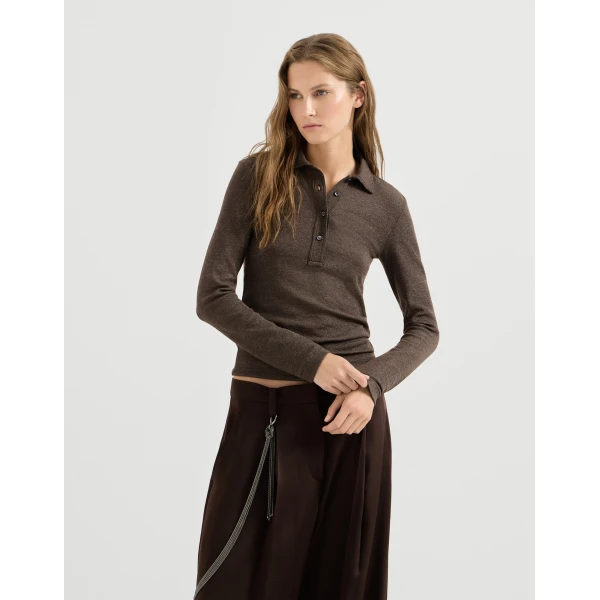 Brunello Cucinelli Sparkling jersey polo shirt in Coffee, view 2 | Shirts | Coveti