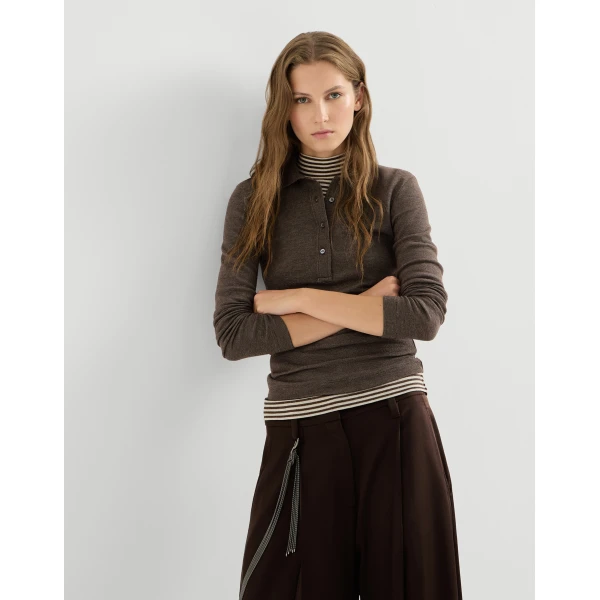 Brunello Cucinelli Sparkling jersey polo shirt in Coffee, view 5 | Shirts | Coveti