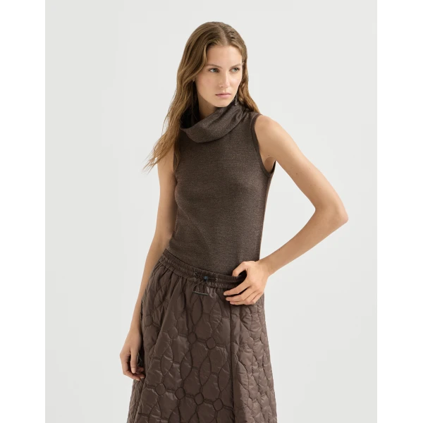 Brunello Cucinelli Sparkling jersey turtleneck top in Coffee, view 2 | Tops | Coveti