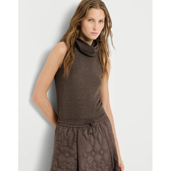Brunello Cucinelli Sparkling jersey turtleneck top in Coffee, view 5 | Tops | Coveti