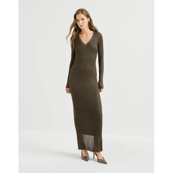 Brunello Cucinelli Sparkling knit dress with monili in Coffee, view 2 | Dresses | Coveti