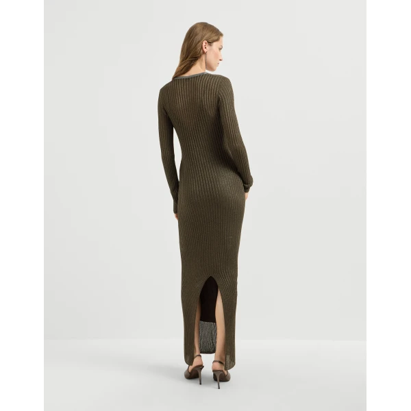 Brunello Cucinelli Sparkling knit dress with monili in Coffee, view 3 | Dresses | Coveti