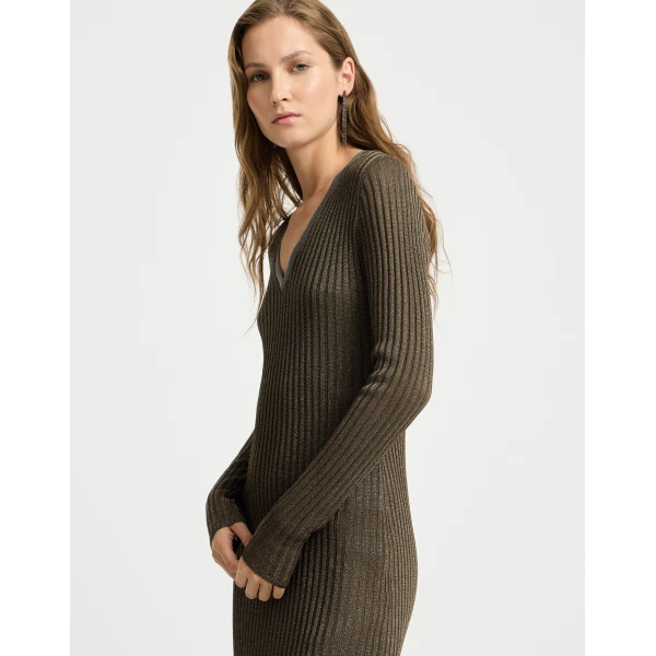 Brunello Cucinelli Sparkling knit dress with monili in Coffee, view 5 | Dresses | Coveti