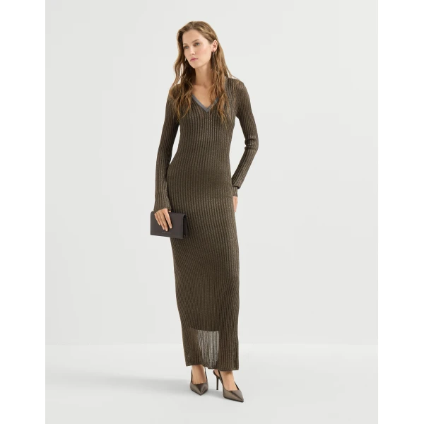 Brunello Cucinelli Sparkling knit dress with monili in Coffee, view 6 | Dresses | Coveti