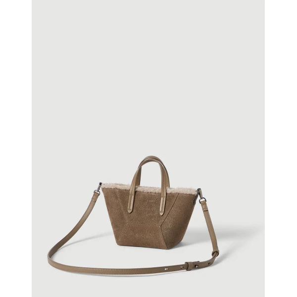 Brunello Cucinelli Sparkling textured leather BC Duo bag in Bark, view 2 | Mini Bags | Coveti