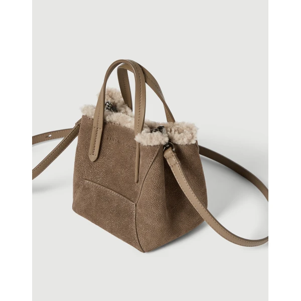 Brunello Cucinelli Sparkling textured leather BC Duo bag in Bark, view 3 | Mini Bags | Coveti