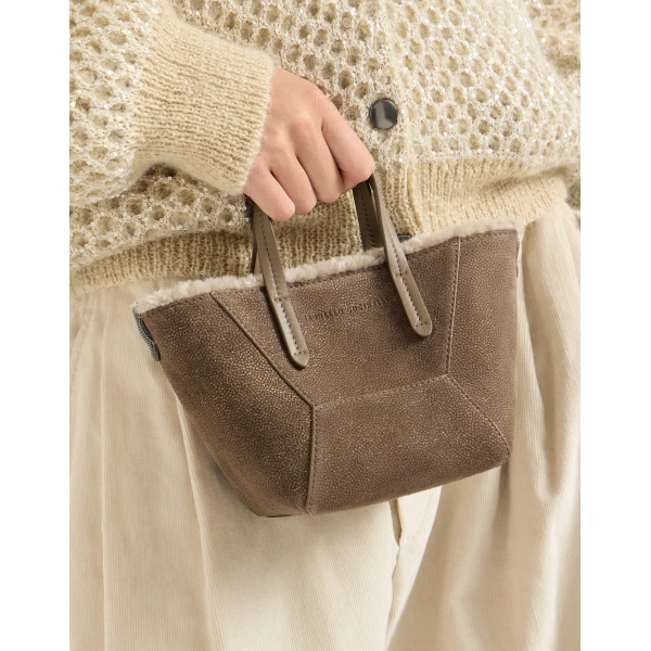 Brunello Cucinelli Sparkling textured leather BC Duo bag in Bark, view 4 | Mini Bags | Coveti