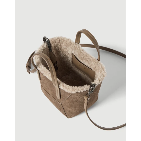 Brunello Cucinelli Sparkling textured leather BC Duo bag in Bark, view 5 | Mini Bags | Coveti