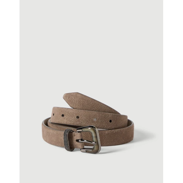 Brunello Cucinelli Sparkling textured leather belt in Bark, view 2 | Belts | Coveti