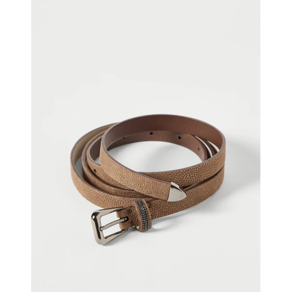 Brunello Cucinelli Sparkling textured leather belt in Hazelnut, view 2 | Belts | Coveti
