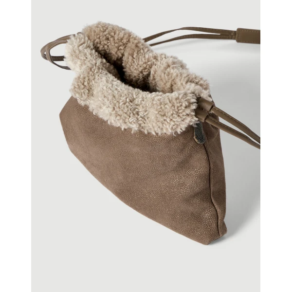 Brunello Cucinelli Sparkling textured leather pouch bag in Bark, view 3 | Clutch Bags | Coveti