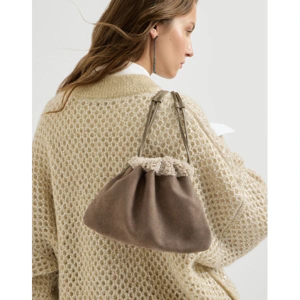 Brunello Cucinelli Sparkling textured leather pouch bag in Bark, view 4 | Clutch Bags | Coveti