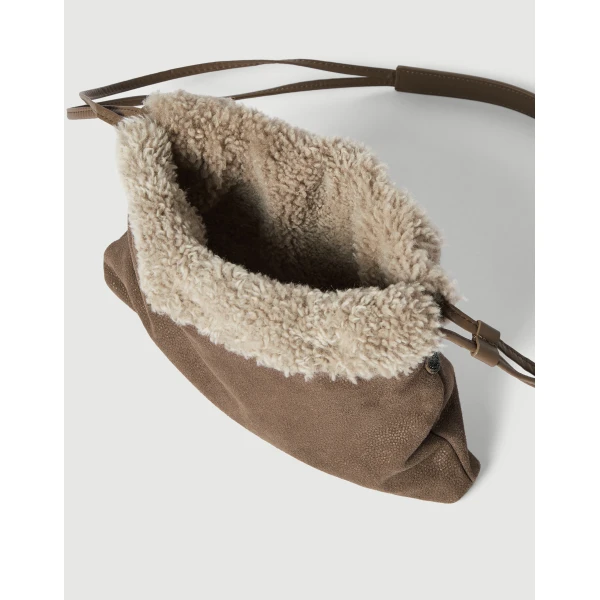 Brunello Cucinelli Sparkling textured leather pouch bag in Bark, view 5 | Clutch Bags | Coveti