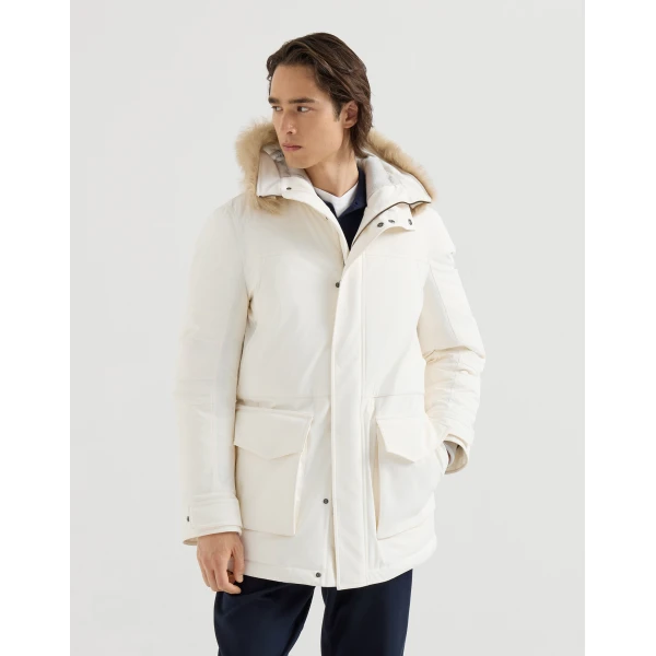 Brunello Cucinelli Stretch bonded nylon parka in Off-White, view 2 | Jackets | Coveti