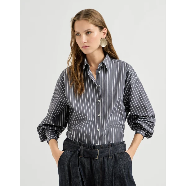 Brunello Cucinelli Striped poplin shirt in Denim